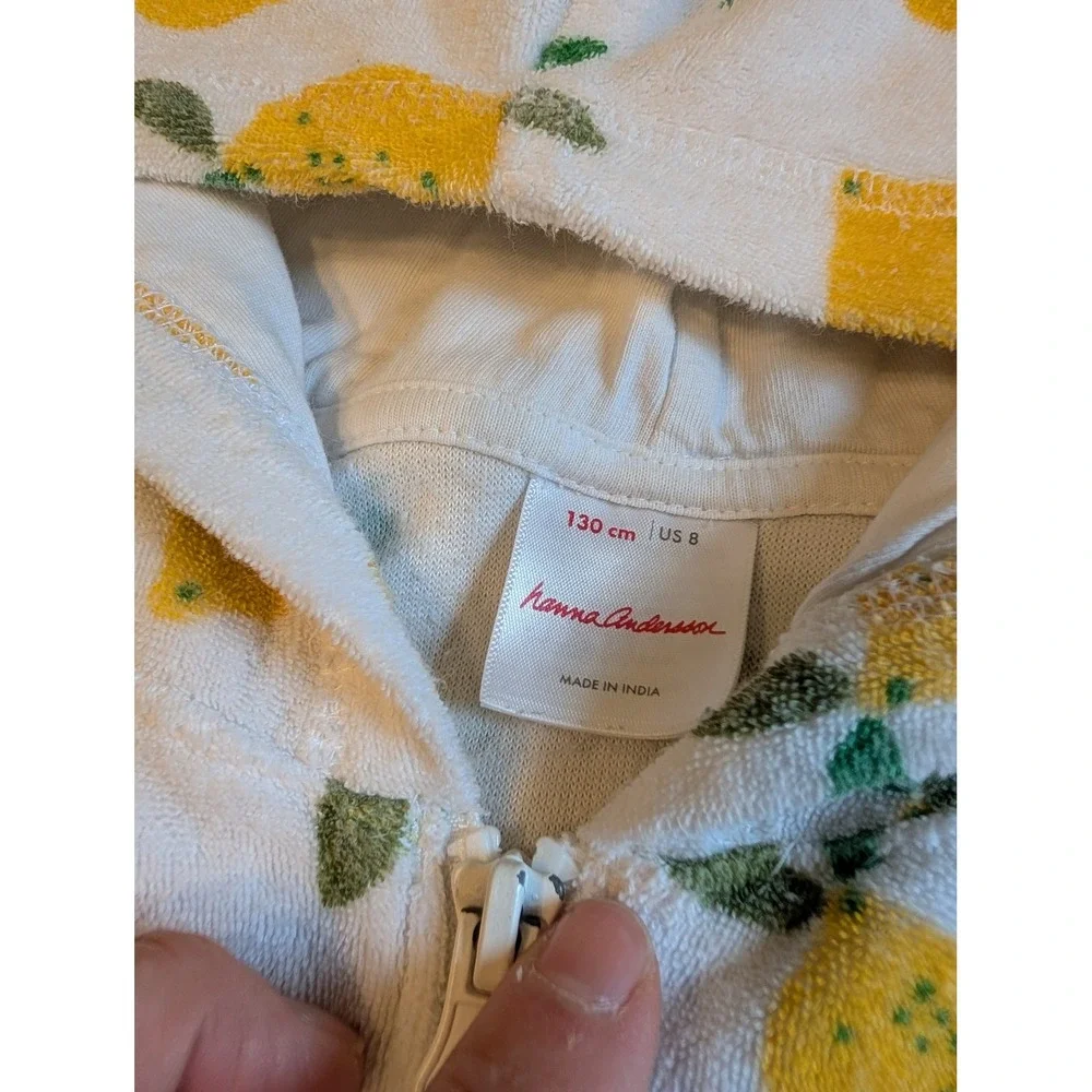 Hanna Andersson Kids Lemon Print Terry Cloth Hooded Zip Up Cover Up White Size 8